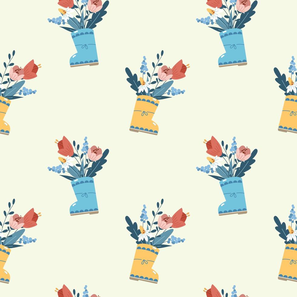 Garden floral seamless pattern. Spring background with flowers and twigs bouquet in rubber boots. Color flat print design for textile, fabric, wallpapers and wrapping paper. Vector illustration.
