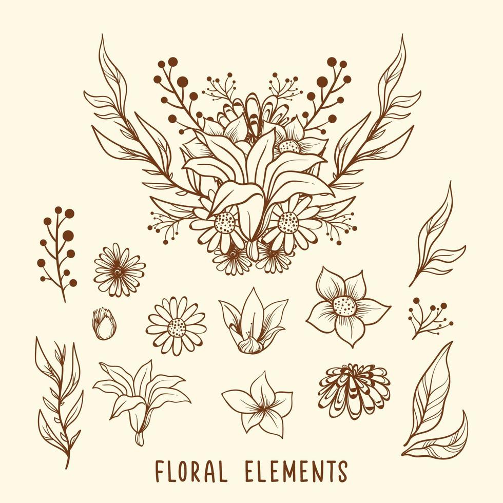 Vector illustration of flowers and leaves. Suitable for poster, coloring page, coloring book, etc