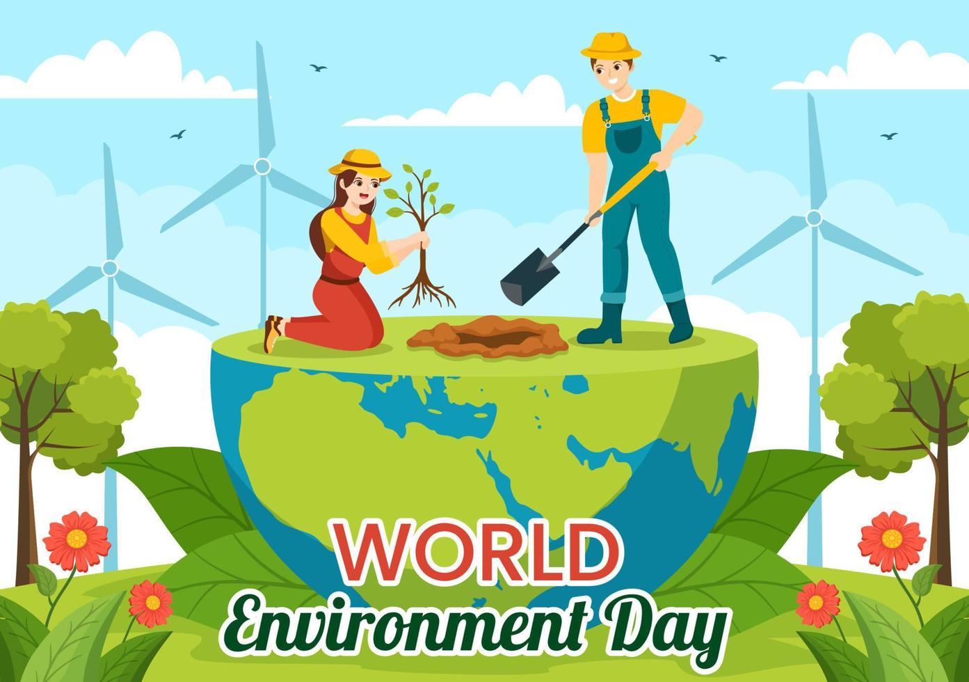 World Environment Day Illustration with Green Tree and Animals in Forest for Save the Planet or Taking Care of the Earth in Hand Drawn Templates vector