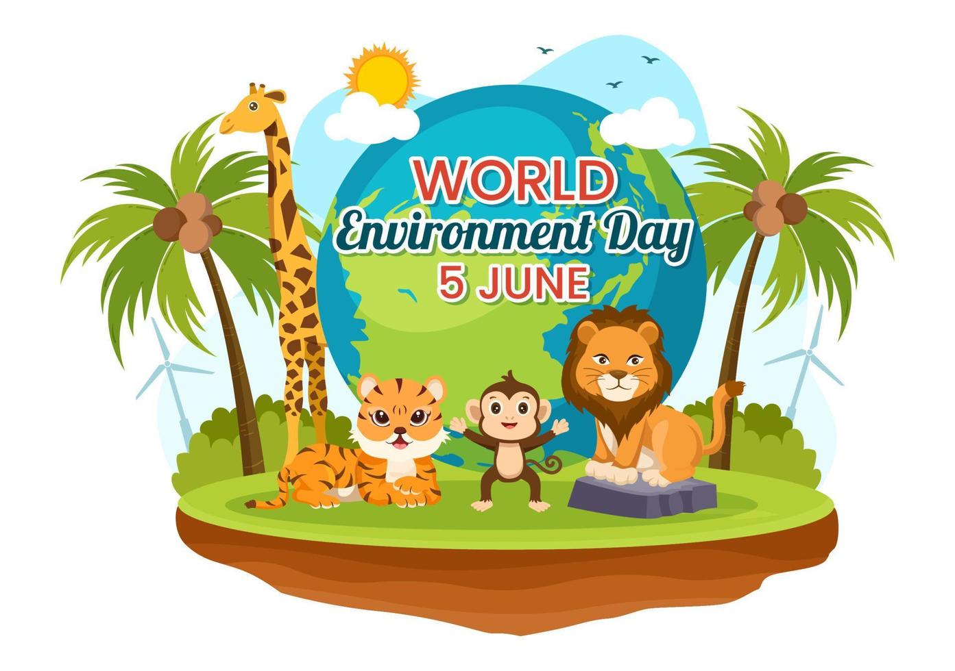 mundo ambiente día ilustración con verde árbol y animales en bosque para salvar el planeta o tomando cuidado de el tierra en mano dibujado plantillas vector
