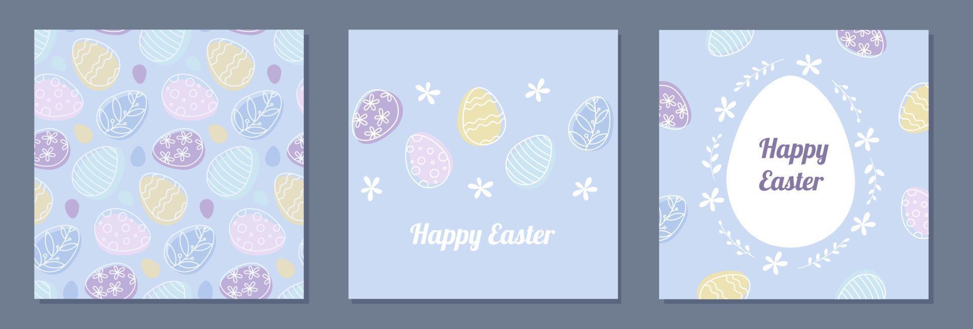 Easter square backgrounds set. Ornate eggs and floral pattern, border and frame design collection in pastel color shades. Holiday vector illustration.