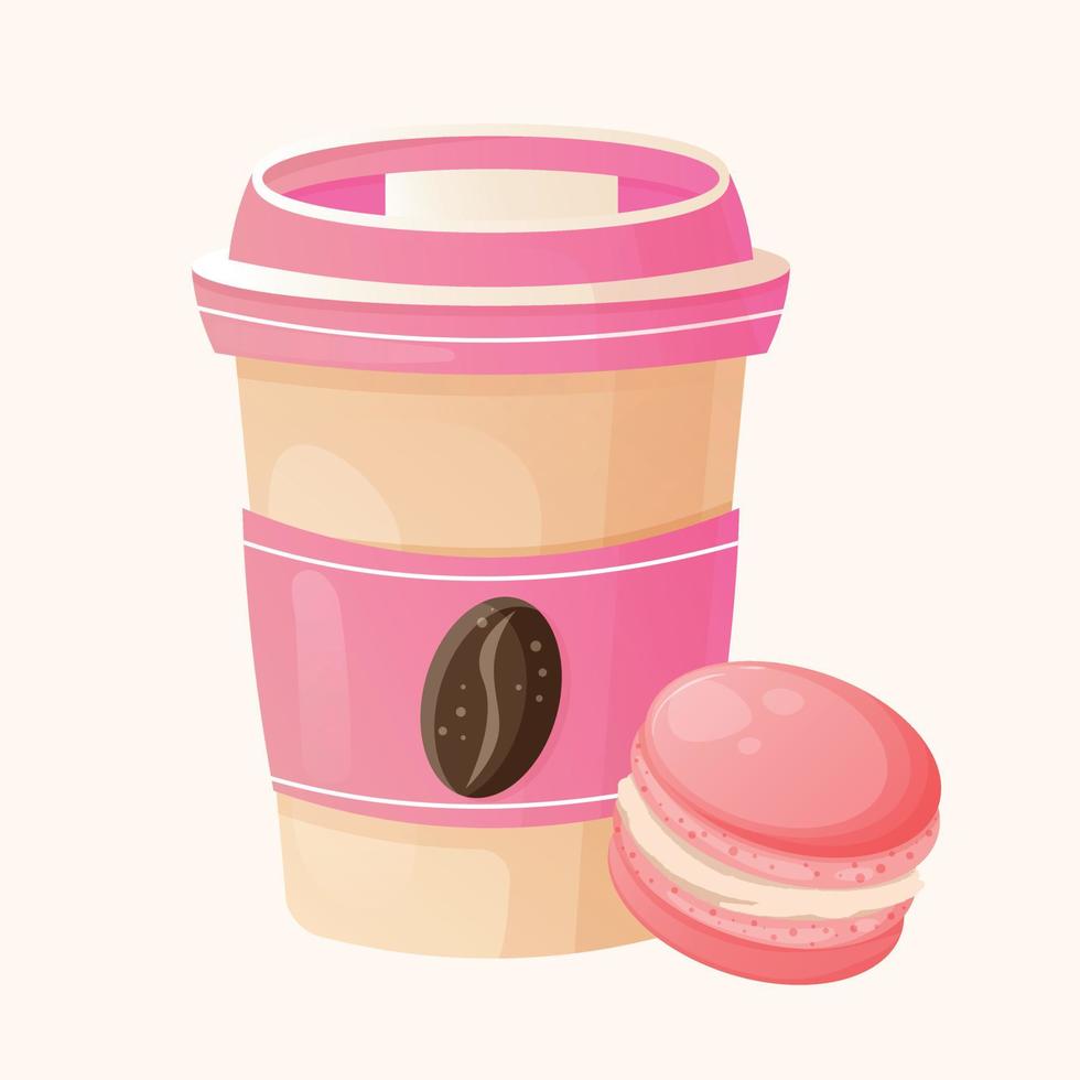 Pink paper cup of coffee with coffee bean illustration and strawberry pink macaron. Poster for coffee house. Cute cartton coffee illustration for confectioner or pastry shop with dessert vector