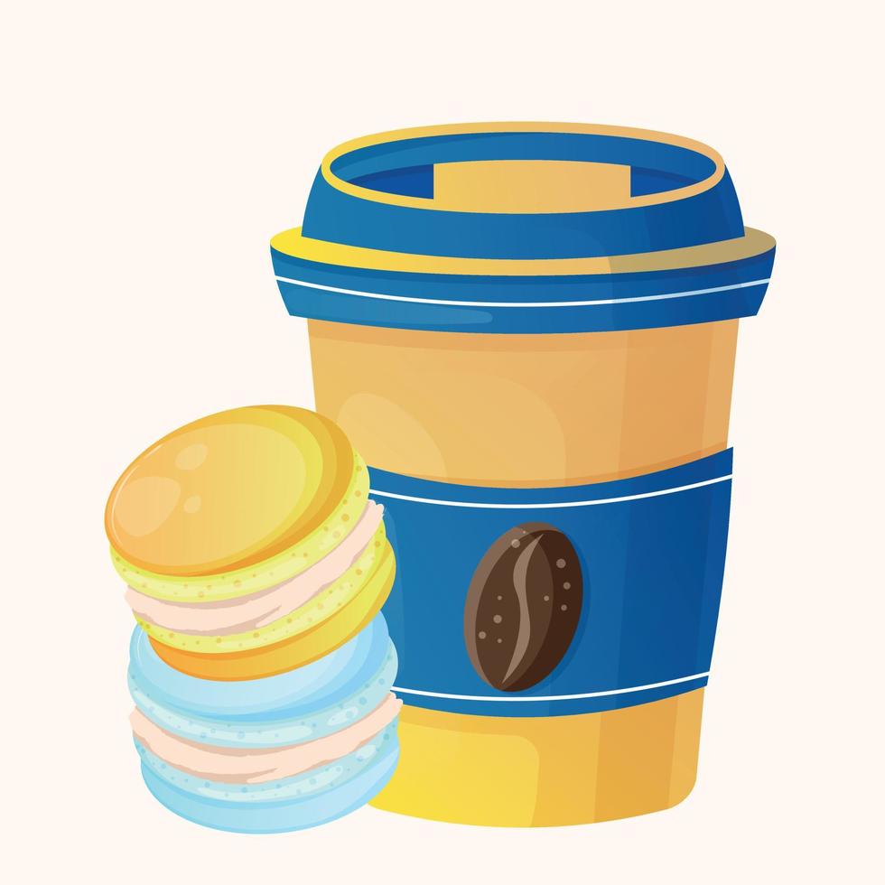 Ukraine color paper cup of coffee with coffee bean illustration and two macaron. Poster for coffee house. Cute cartton coffee illustration for confectioner or pastry shop with dessert vector