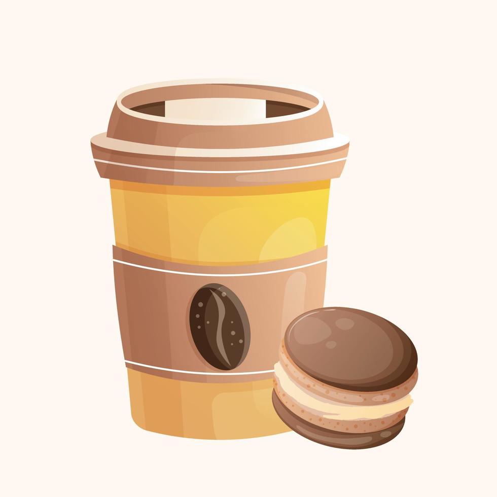 Orange paper cup of coffee with coffee bean illustration and chocolate brown macaron. Poster for coffee house. Cute cartton coffee illustration for confectioner or pastry shop with dessert vector