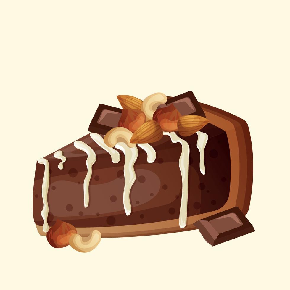 Chocolate brown cheesecake with white cream, nuts and chocolate pieces. Cute cartoon nut cake with cocoa flavor. Illustration for confectioner or pastry shop vector