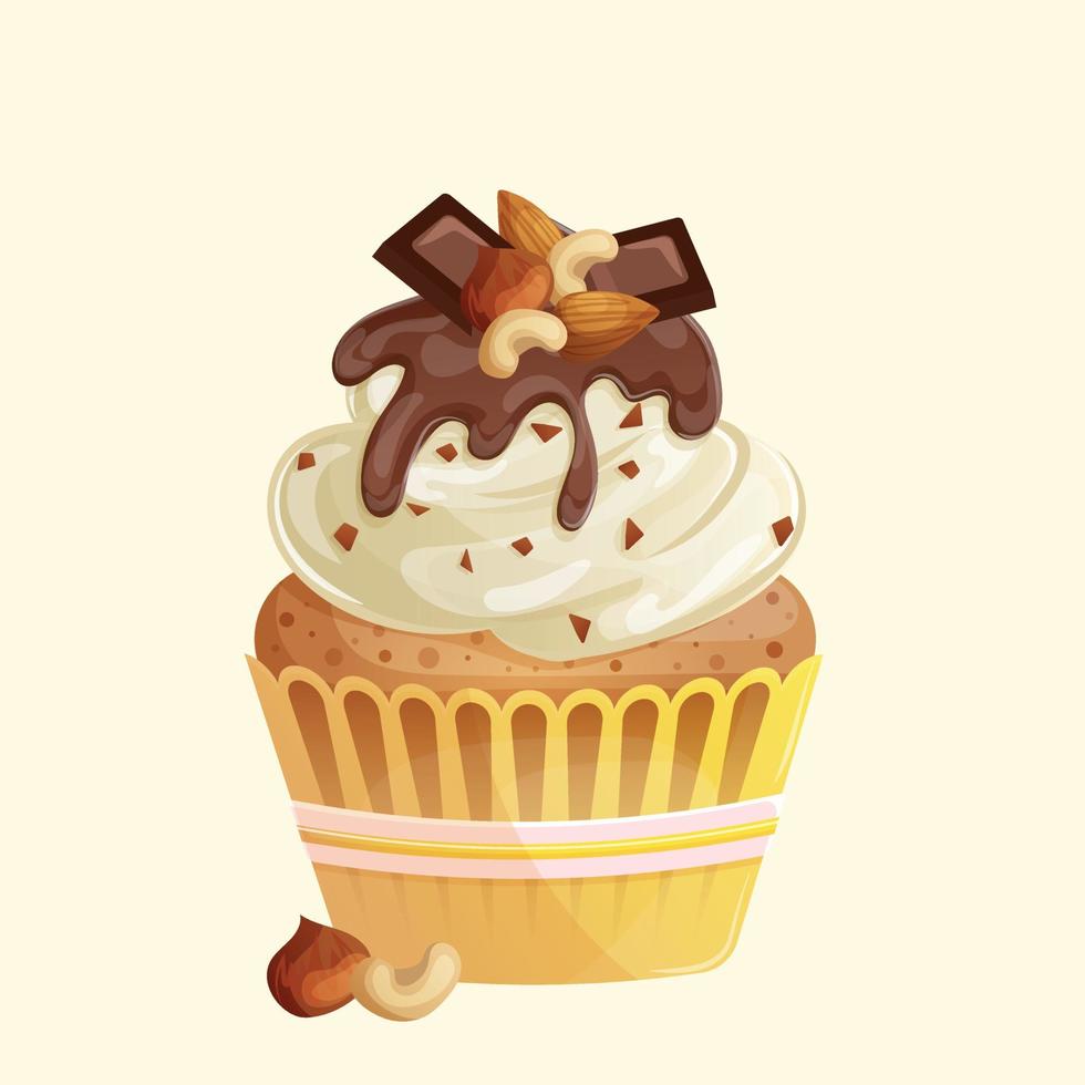 Chocolate cupcake with white cream, sprinkles, chocolate topping, nuts and chocolate pieces. Cute cartoon nut muffin with chocolate flavor. Illustration for confectioner or pastry shop vector