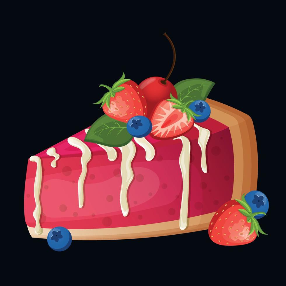 Berry pink cheesecake with white cream, cherries, strawberries, blueberries and leaves. Cute cartoon pink strawberry cake with fresh berries on top. Illustration for confectioner or pastry shop vector