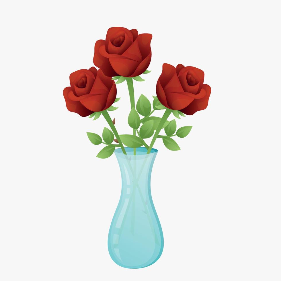 Red roses in a vase on a white background. Cute spring flowers. Simple postcard with bright red roses. Greeting card for florist or shop vector