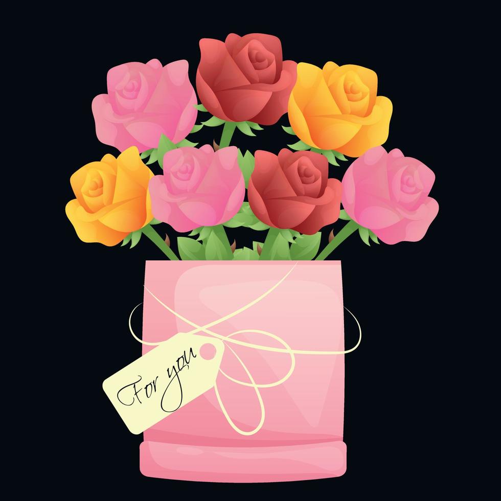 Colorful red, pink, yellow roses in a pink box with a white ribbon and a note for you. Spring bright bouquet for postcard. Roses in a round carton box. Postcard for florist or shop vector