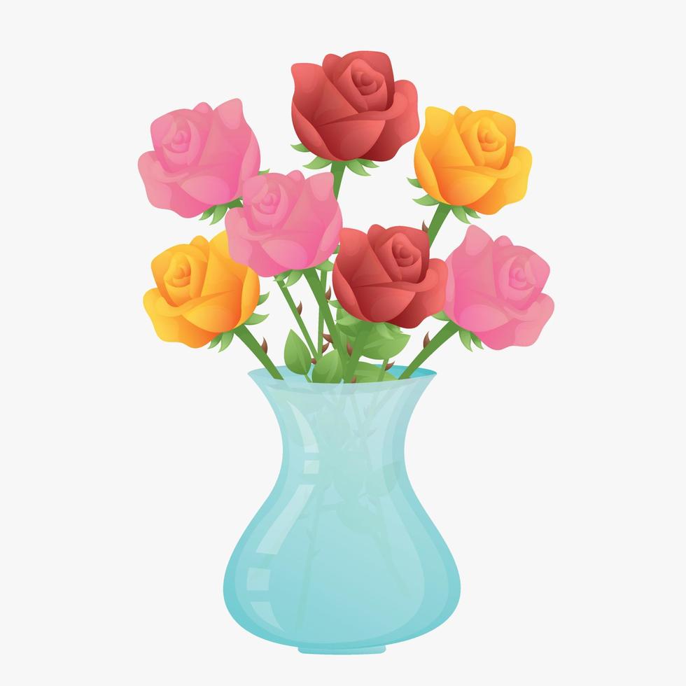 Colorful red, yellow, pink roses in a vase on a white background. Cute spring flowers. Simple postcard with bright colorful roses. Greeting card for florist or shop vector