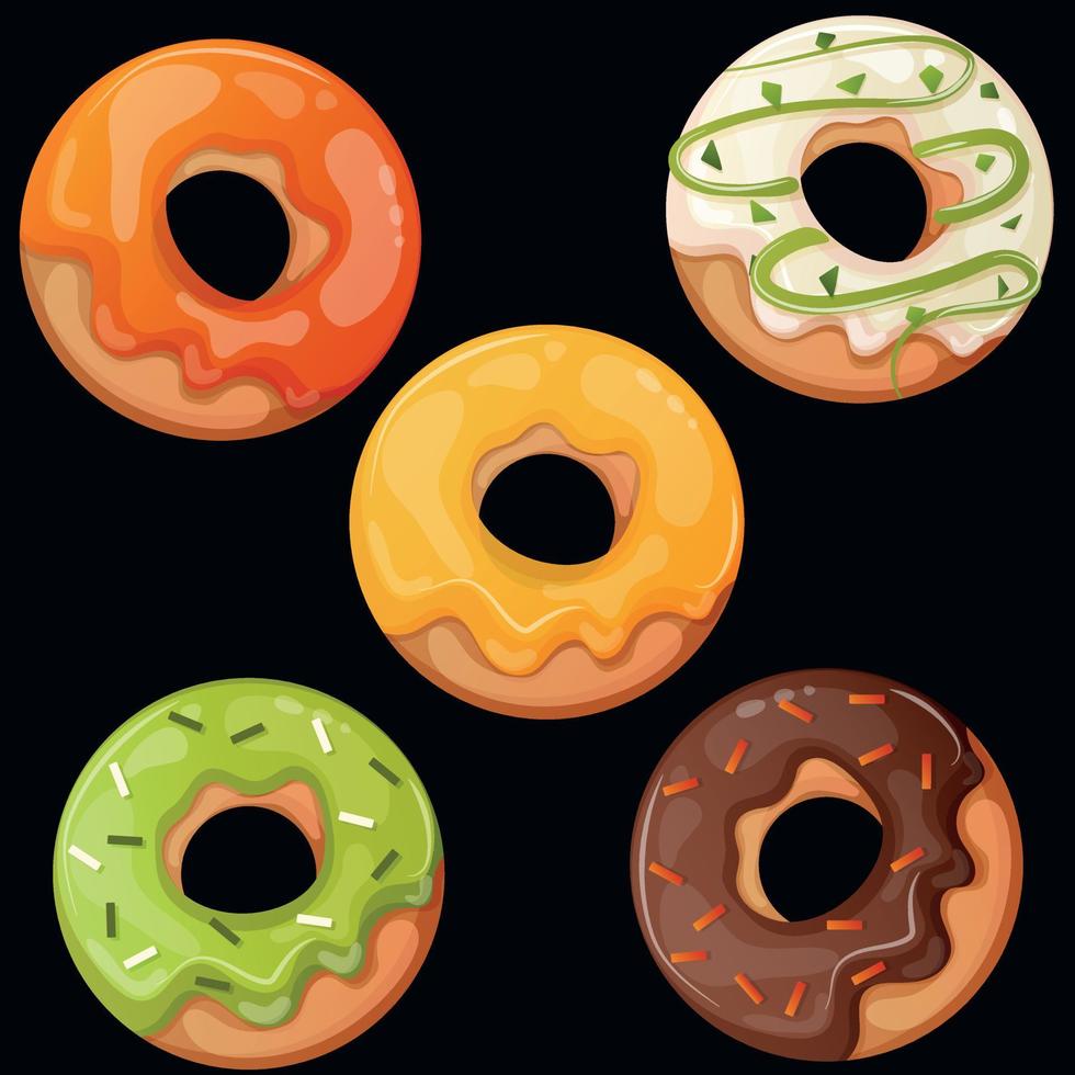 conjunto de linda dibujos animados rosquillas con diferente sabores en un negro antecedentes. chocolate, agrios, vainilla, pistacho, manzana donas ilustración para confitero o Pastelería tienda vector