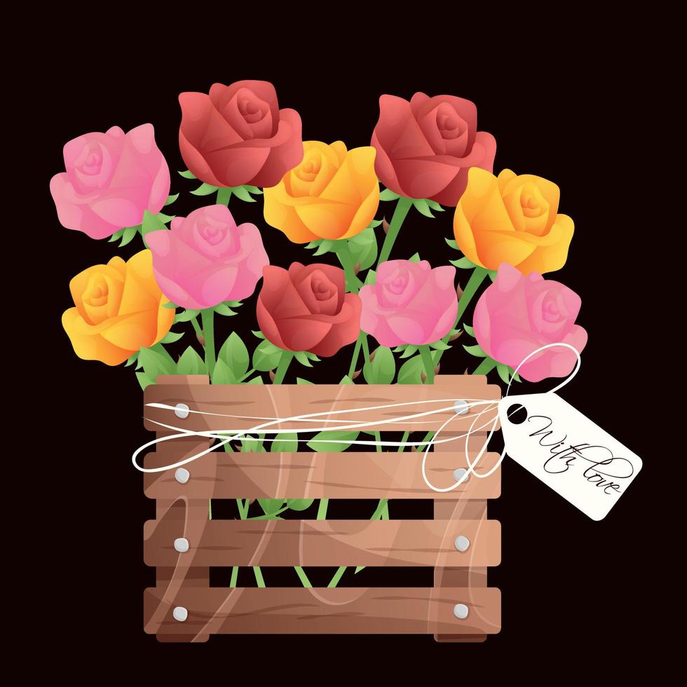 Colorful red, pink, yellow roses in a wooden box with a white ribbon and a note with love. Spring bright flowers for postcard. Greeting card for florist or shop. Roses in a wooden crate vector