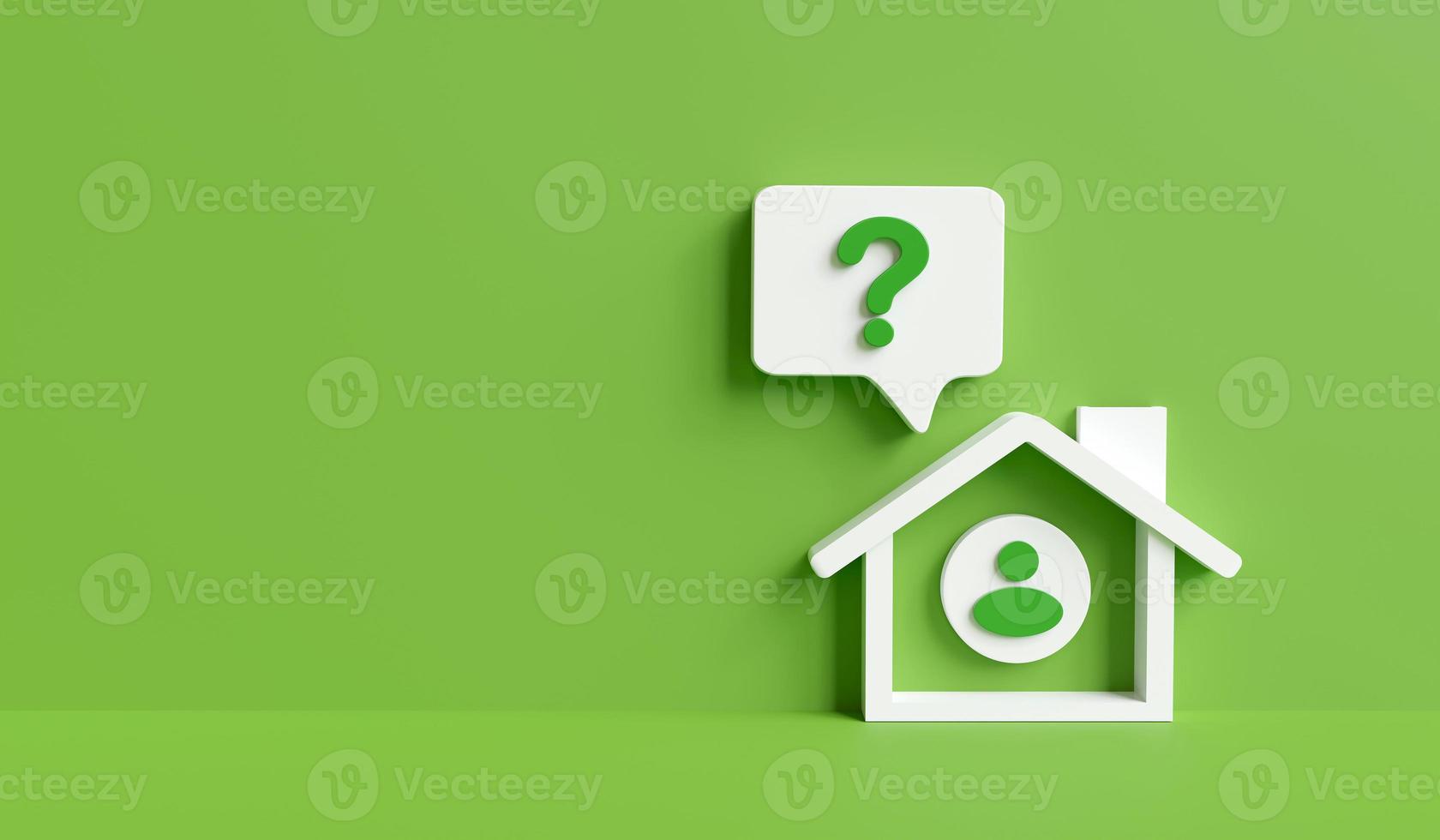 Ecological home information service. Admin icon shows question mark in house on green background with copy space. Career and service, green home project saving energy for environment. 3D rendering photo