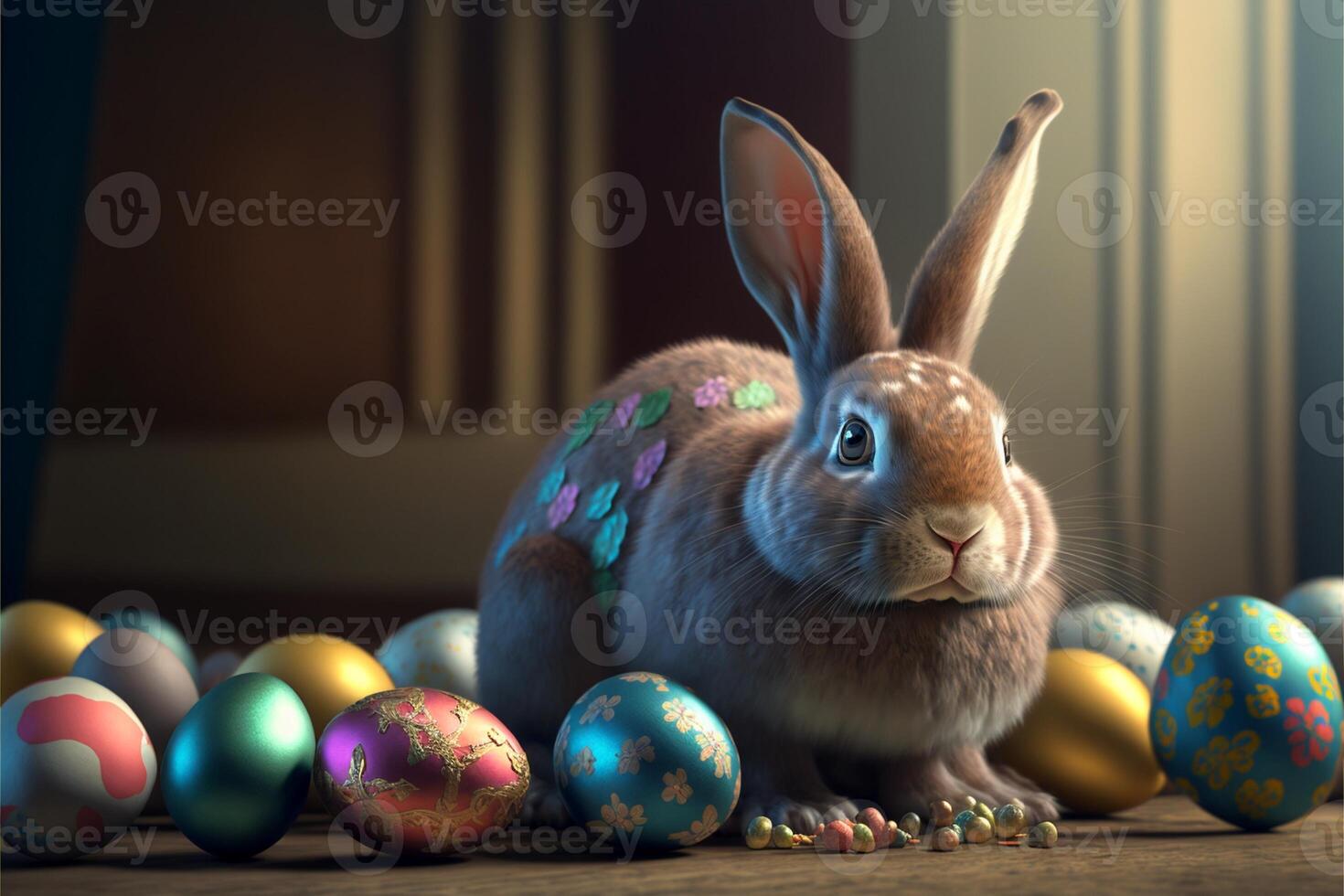 Cute Easter Buny sitting with Easter eggs images for Easter day photo