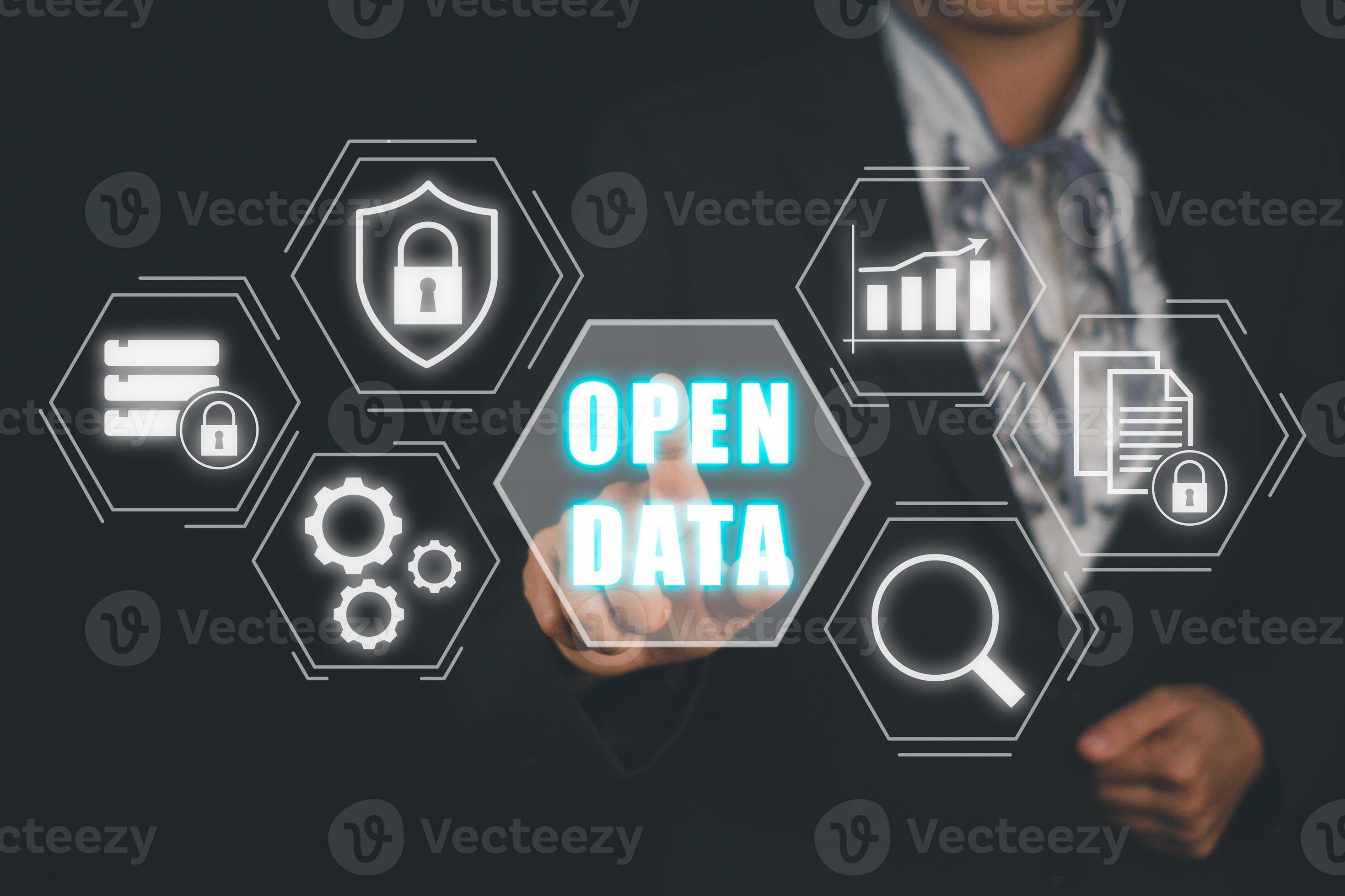 Open data concept, Business person hand touching open data icon on