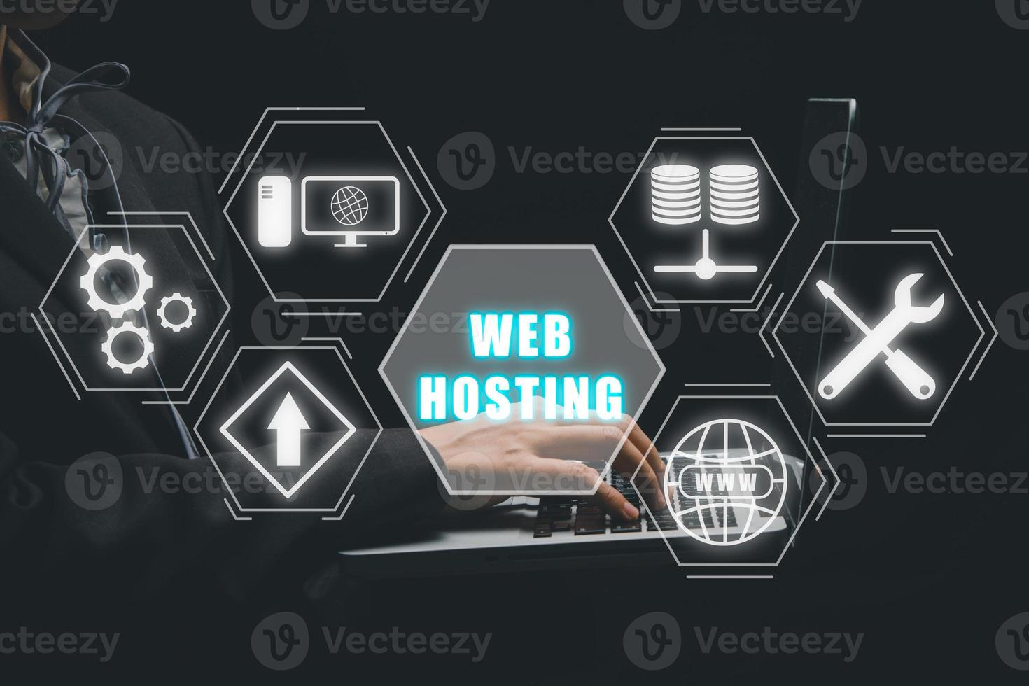 Web hosting concept, Business person using computer with web hosting icon on virtual screen, Internet, business, Technology and network concept. photo