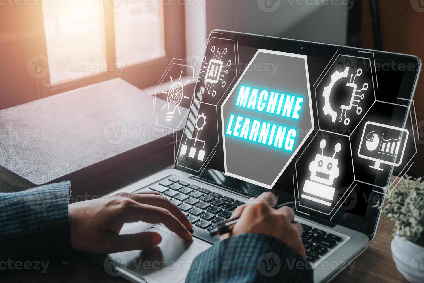 Machine learning concept, Business person working on laptop computer ...