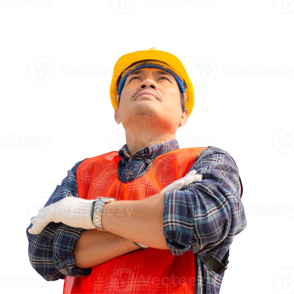 Engineer man, worker in hard hat with arms crossed looking to the sky png