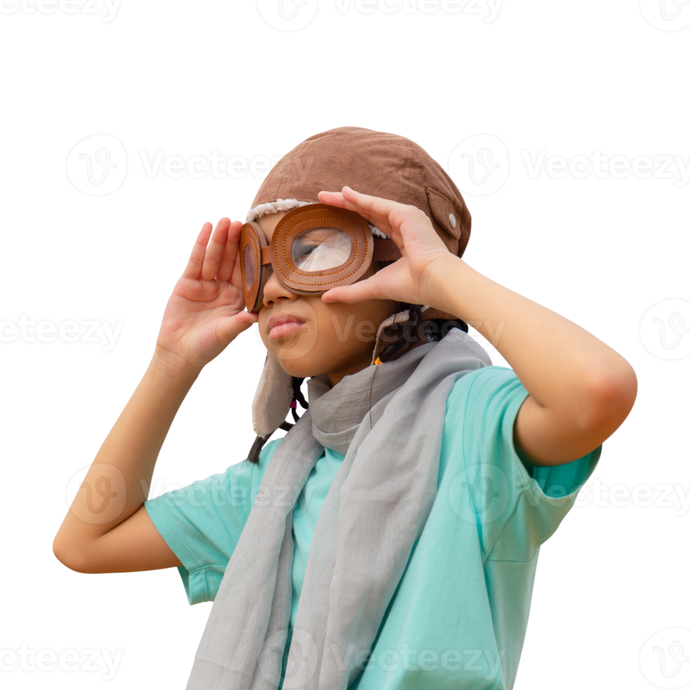 Asian child girl in the old style pilot uniform stands with holding goggles and looking forward, Happy kid playing outdoors png