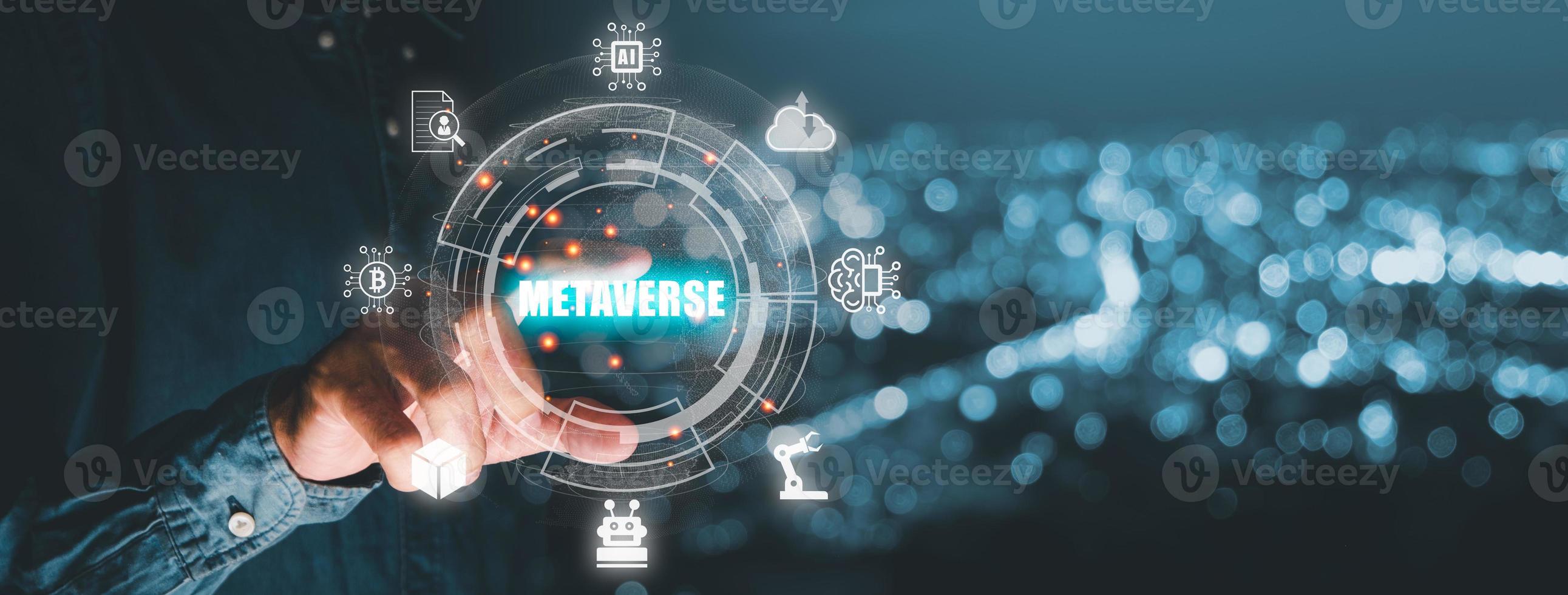 Metaverse Technology concepts, Person hand touching metaverse virtual icon diagram, Visualization and simulation, 3D, AR, VR, Innovation. photo