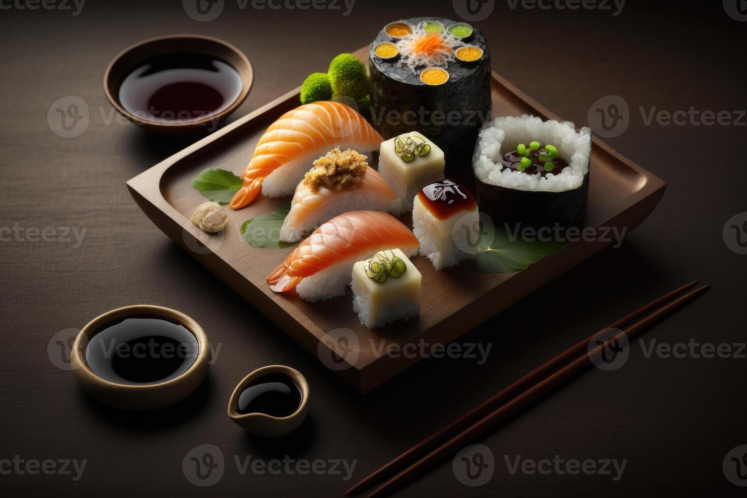 Sushi conjunto tablero. ai generado foto