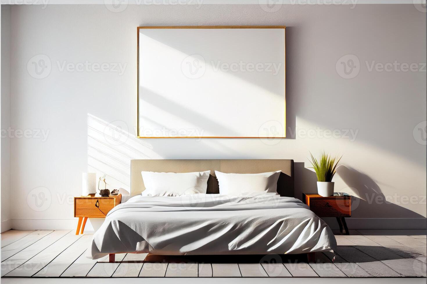 Frame Mockup Hanging On The Wall In Minimalist Interior Room. photo