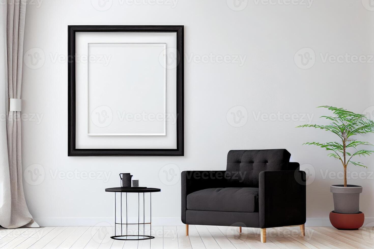 Frame Mockup Hanging On The Wall In Minimalist Interior Room. photo