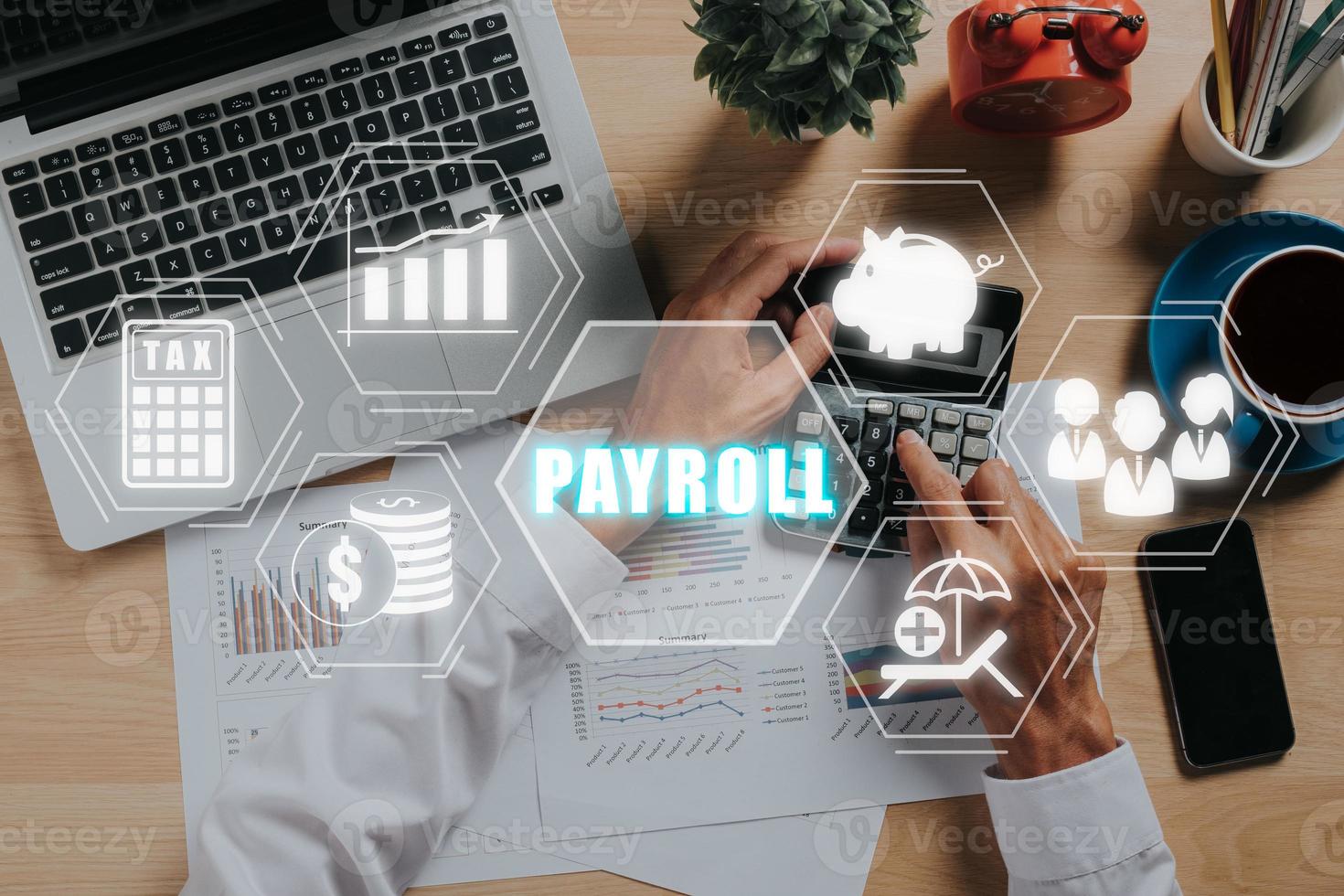 Payroll business finance concept, Businessman analyzing financial data with Payroll icon on VR screen, Financial, accounting. photo