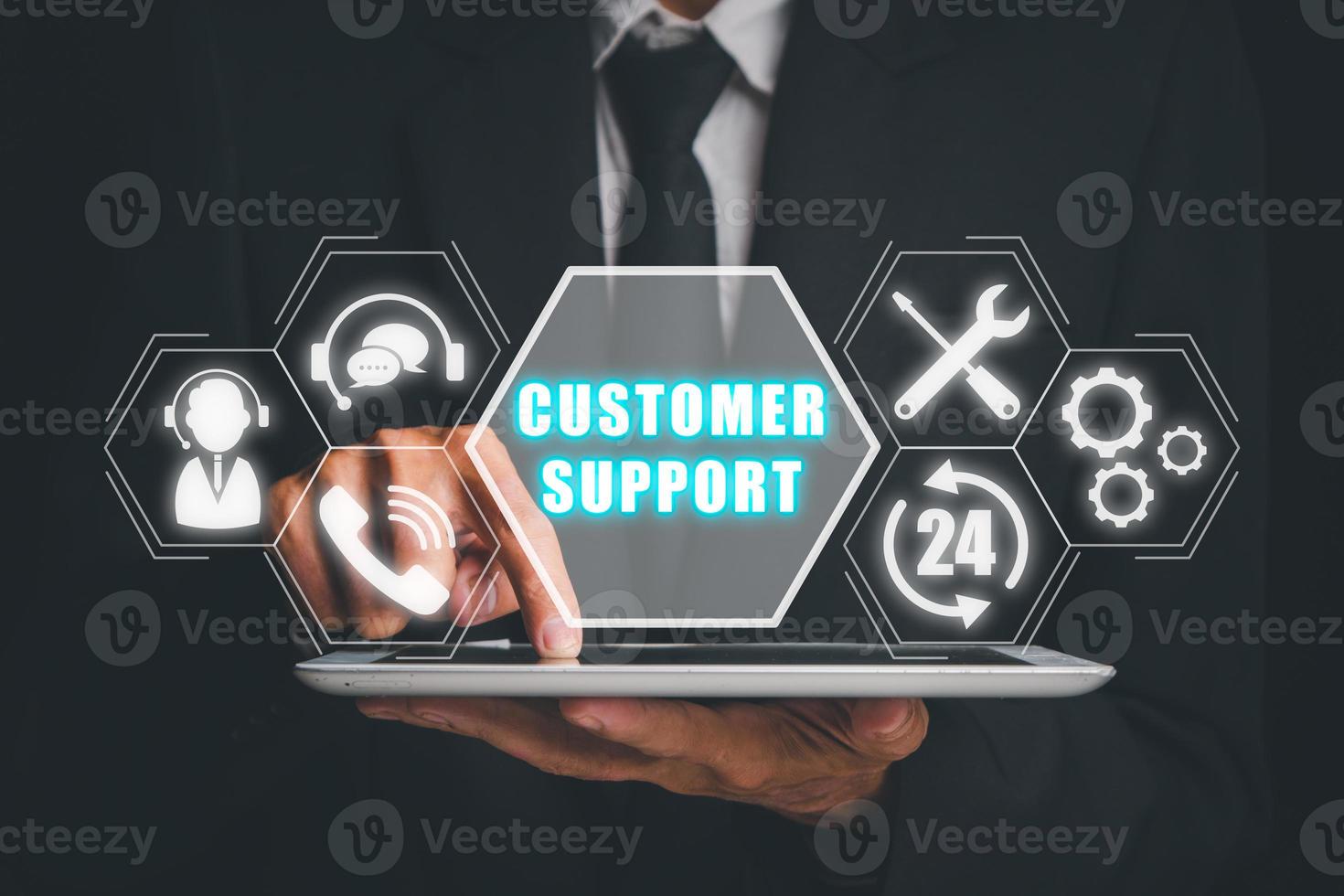 Technical support customer service concept, Businessman  using digital tablet with VR screen support customer icon, Technology internet concept, it support, call center and customer service help. photo