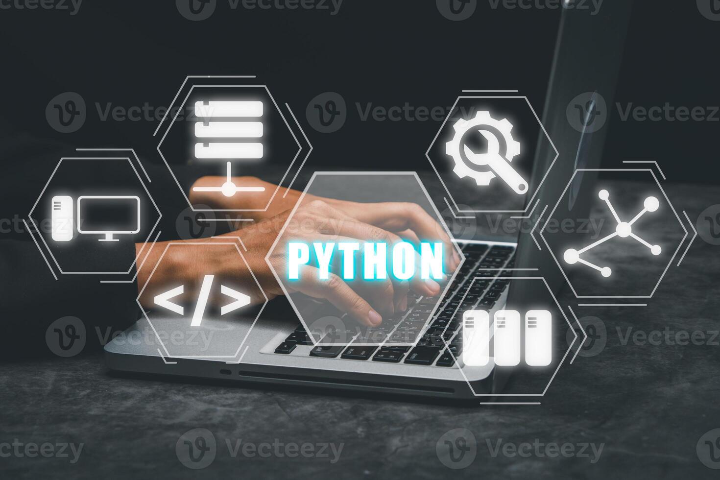 Python Programming Language,Man using laptop computer with python programming icon on virtual screen, Application and web development concept. photo