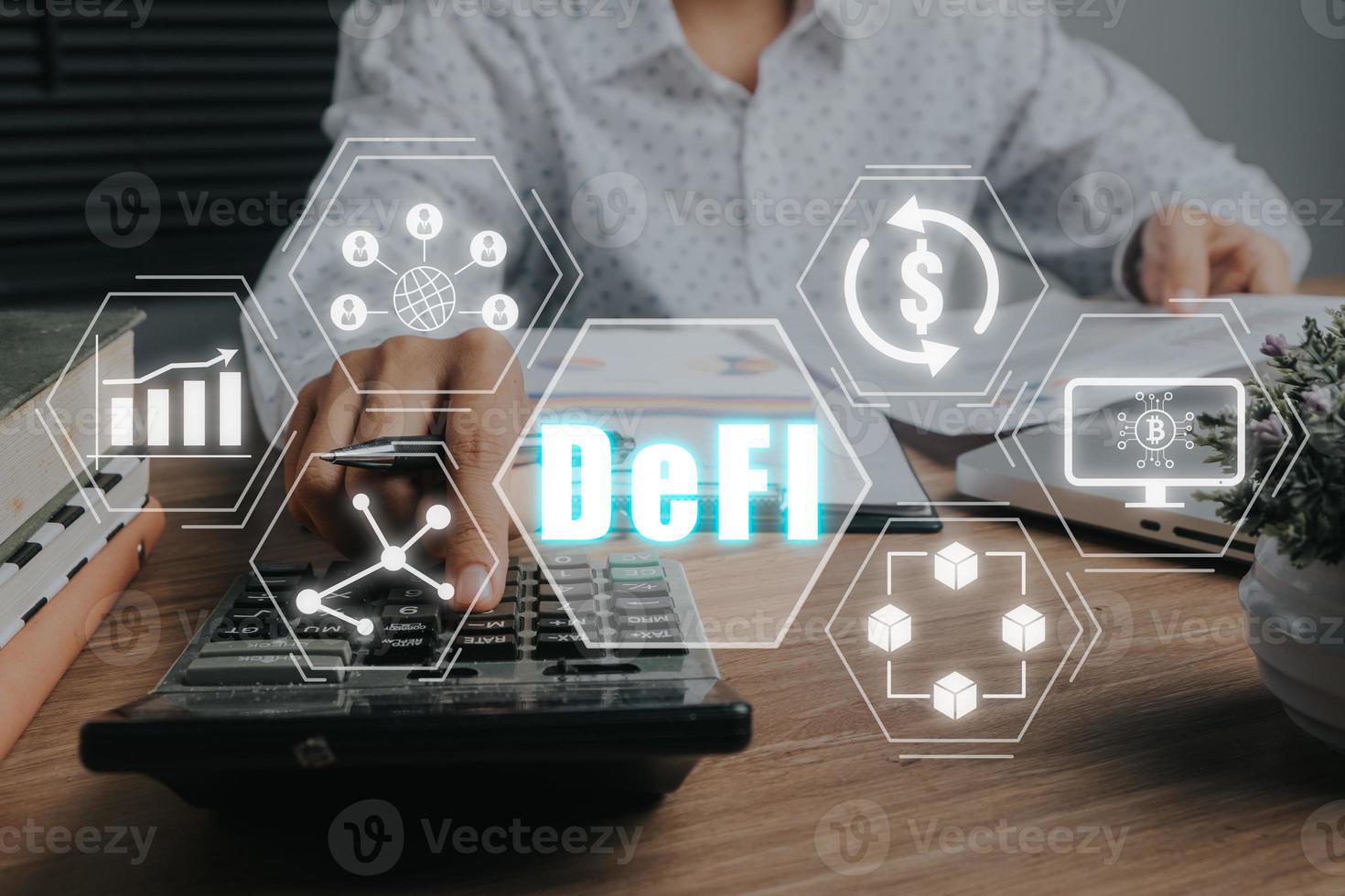 DeFi, Decentralized Finance concept, Business woaman working on calculator and business chart with decentralized Finance icon on virtual screen, Concept of blockchain, decentralized financial system photo