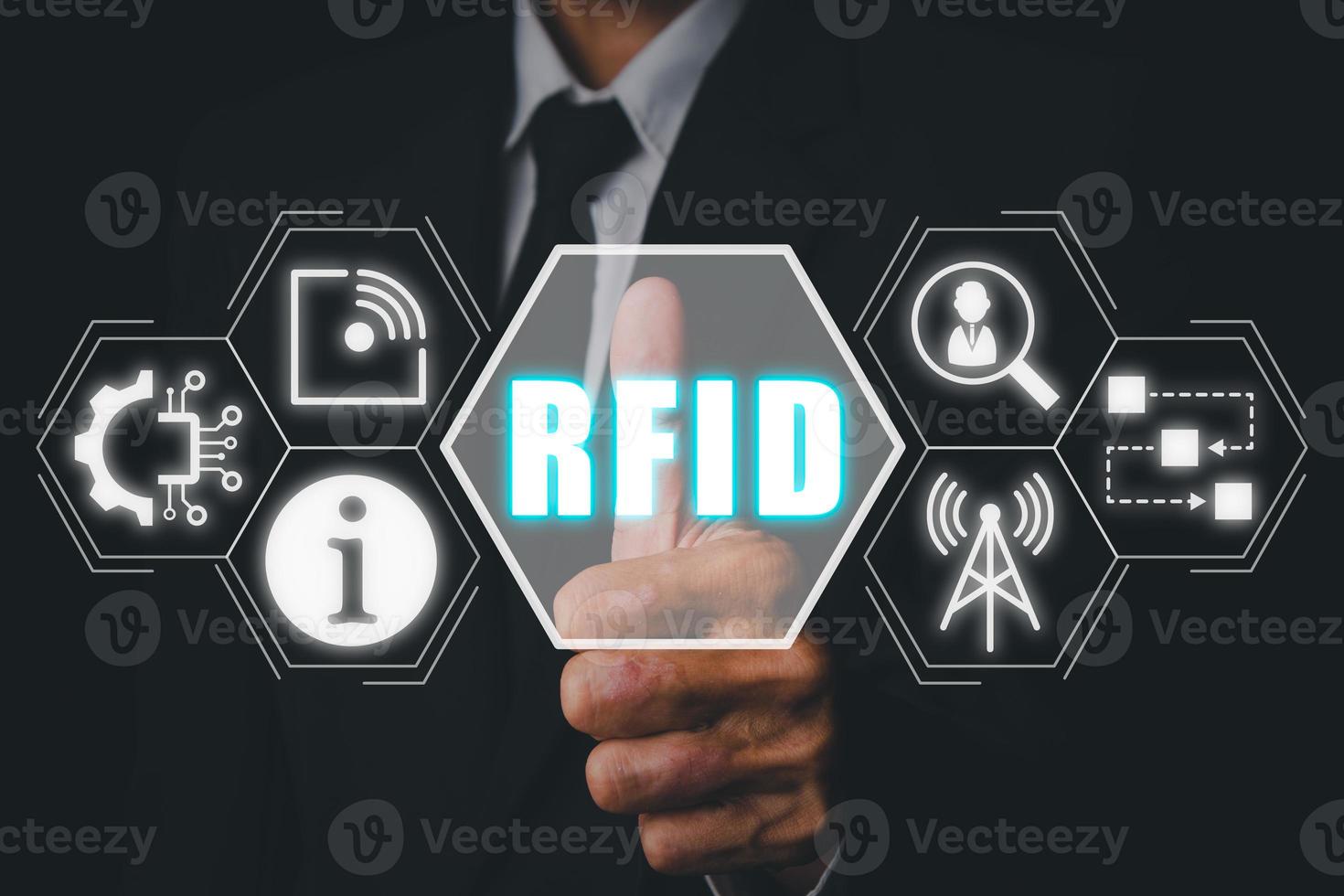 RFID, Radio frequency identification concept, Businessman hand touching Radio frequency identification icon on virtual screen. photo