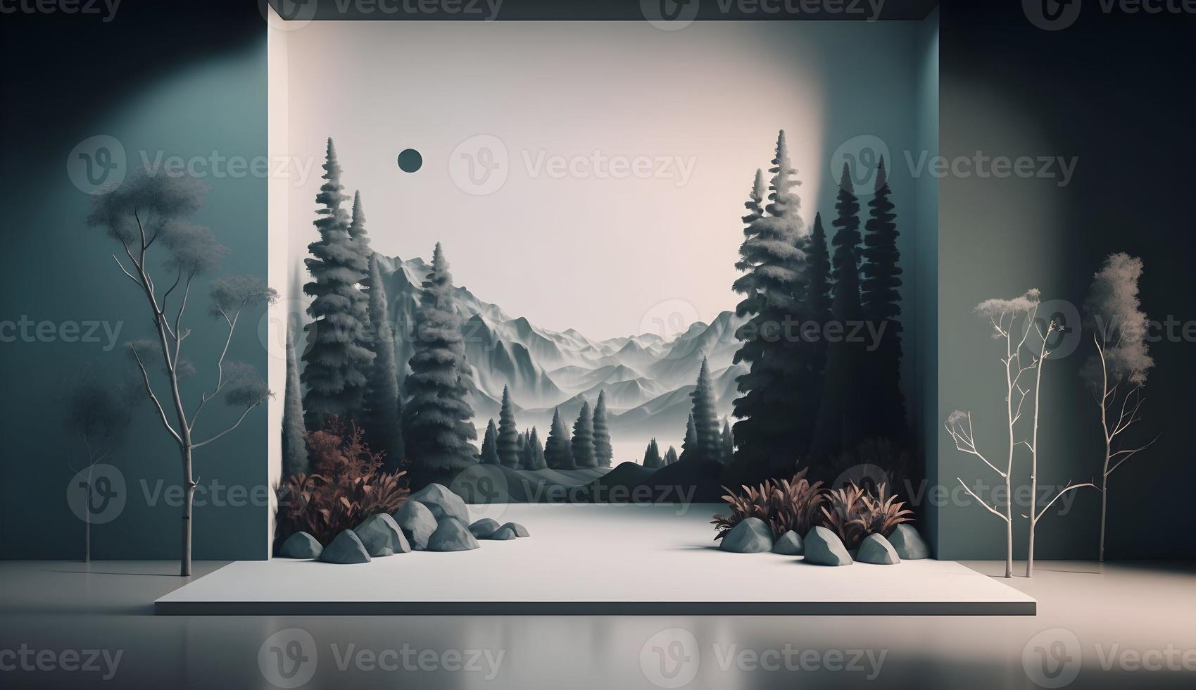 3D Render of Nighttime Scandinavian Forest Room with Mountainous Landscape Background photo