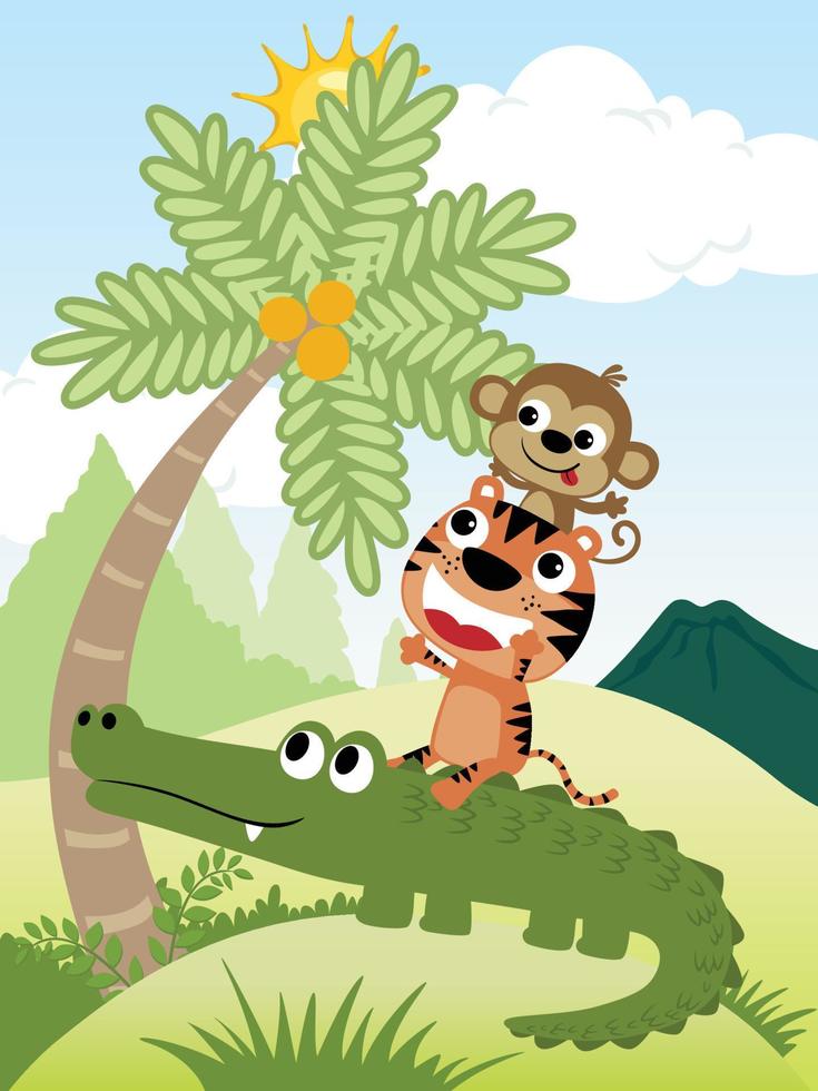 apilado arriba de gracioso animales dibujos animados tratar a cosecha cocos en bosque vector