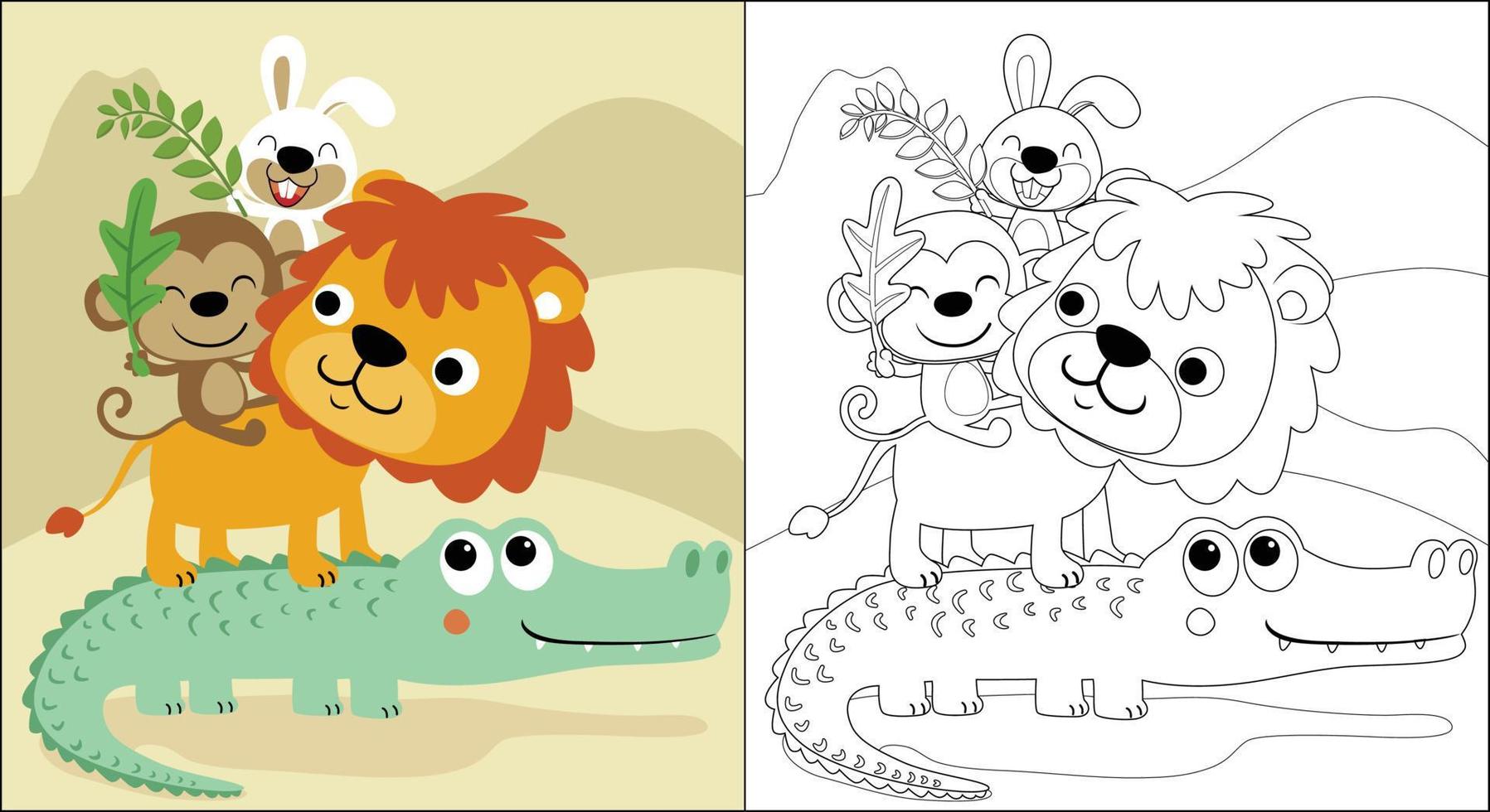 Vector cartoon of cartoon funny animal piled up. Coloring book or page
