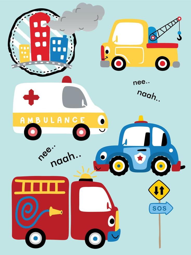 vector set of funny rescue vehicles cartoon