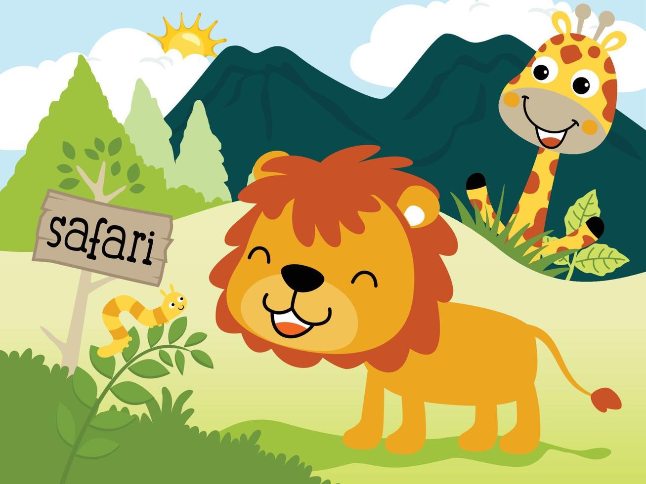 Funny animals cartoon in forest. Cute lion with giraffe and caterpillar vector