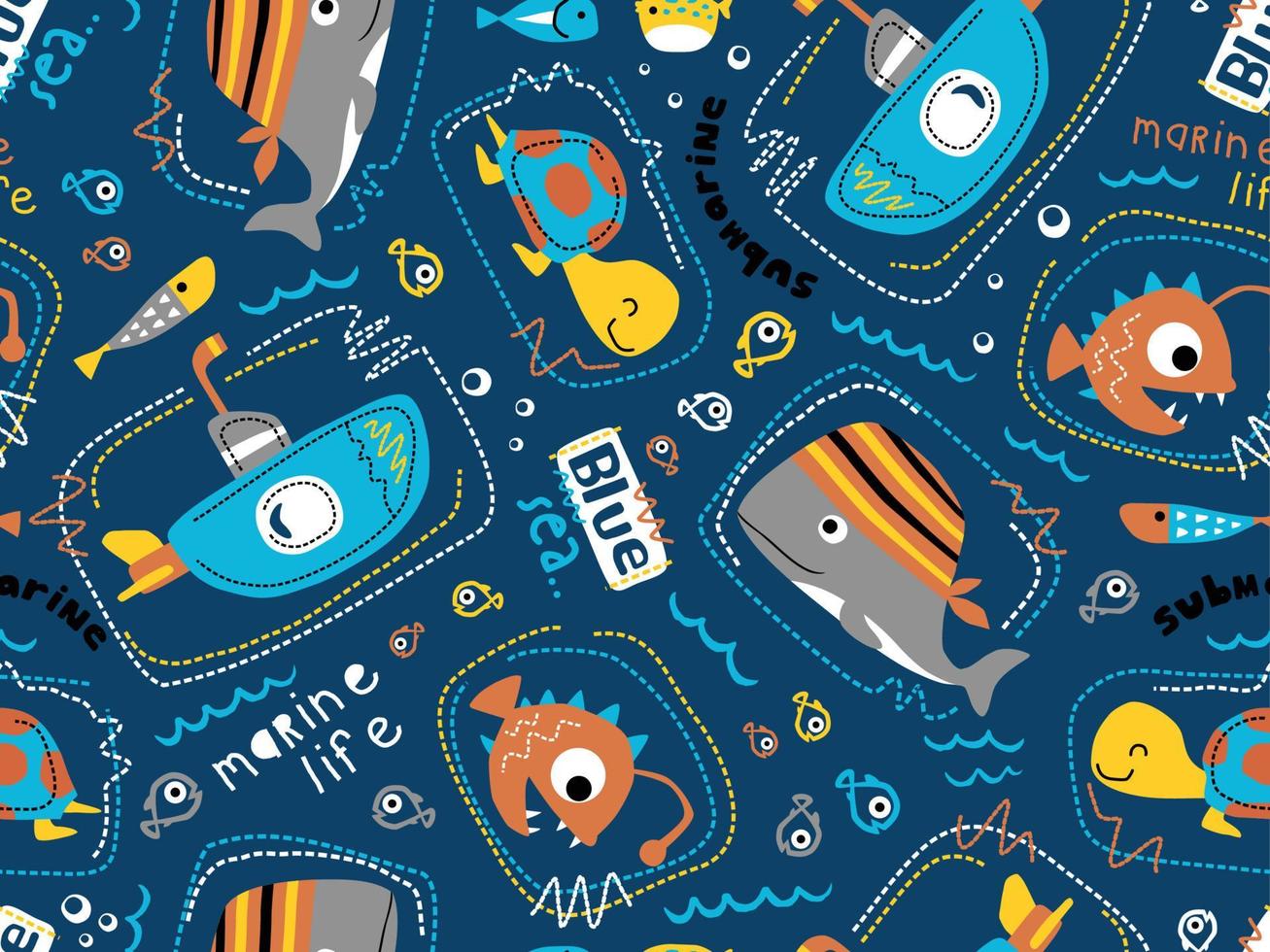 seamless pattern vector of submarine with marine animals cartoon