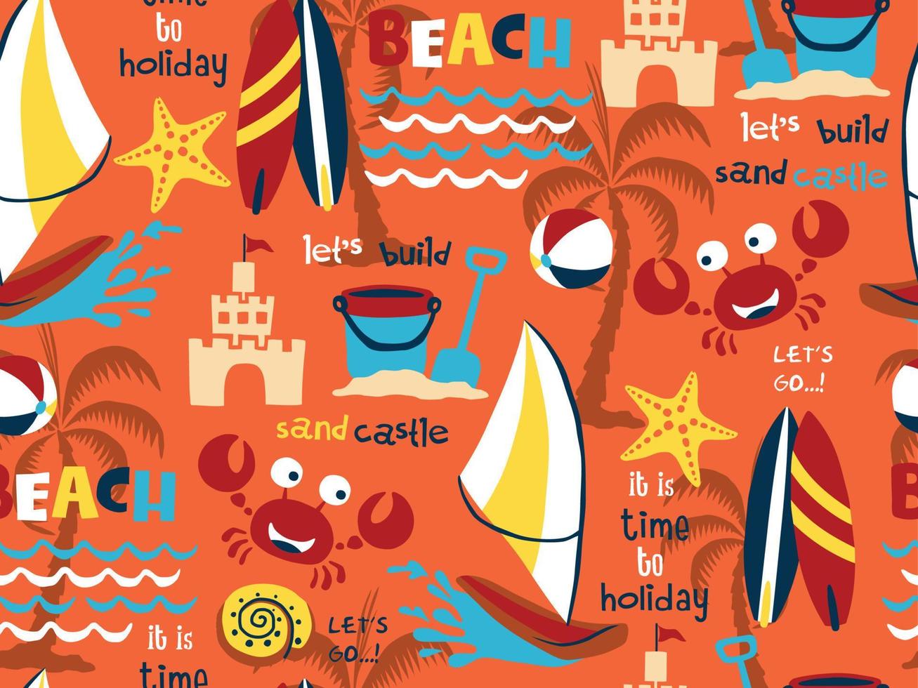 seamless pattern vector of beach holiday elements cartoon with funny crab