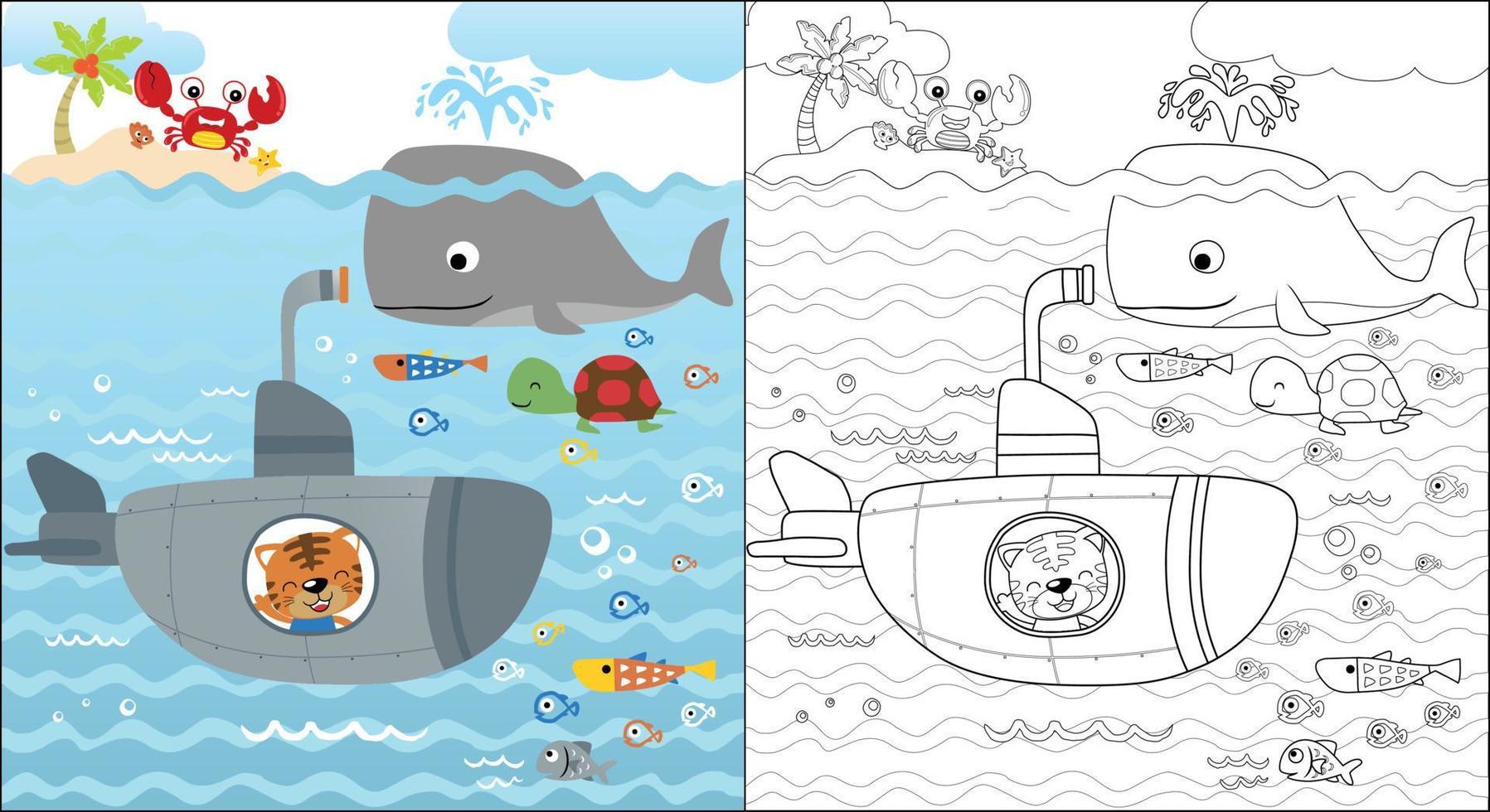 linda gato en submarino con gracioso marina animales, marina vida elementos dibujos animados, colorante libro o página vector