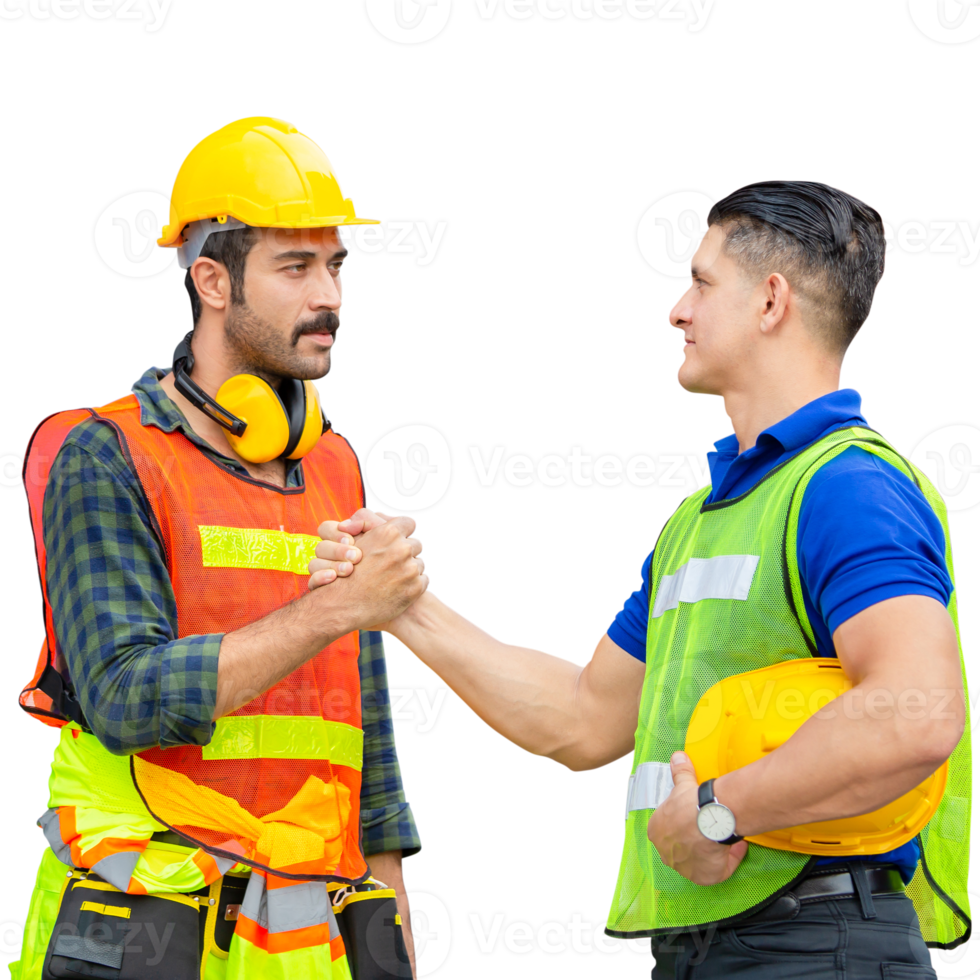 Ingenieur und Arbeiter Mann im schwer Hut mit Handschlag, Vorarbeiter im Bauarbeiterhelm, Job und Besetzung Konzepte png