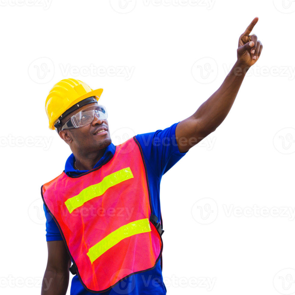 ingeniero trabajador hombre en difícil sombrero señalando a el cielo png