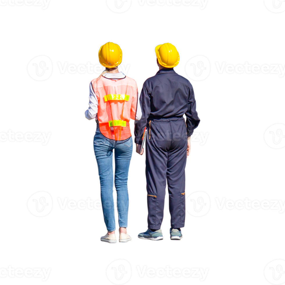 Female engineer and worker man in hard hat png