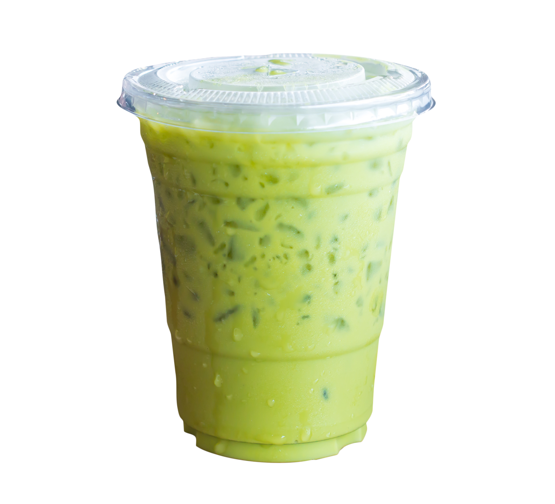 Iced matcha latte or Thai condensed milk-added green tea in transparent