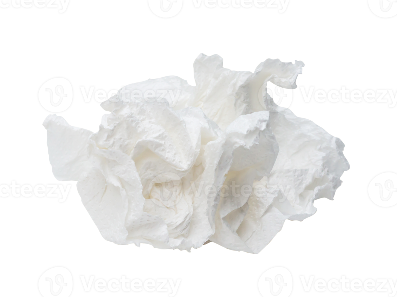Single white screwed or crumpled tissue paper or napkin in strange shape after use in toilet or restroom isolated with clipping path in png format