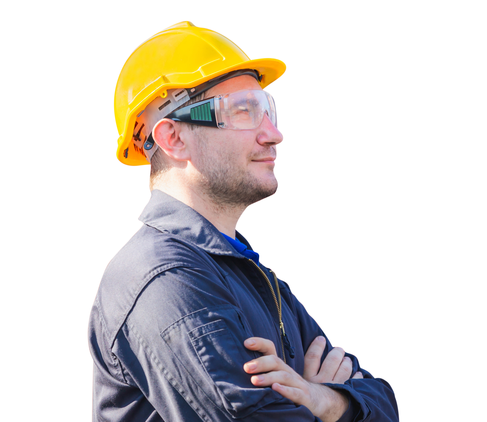 Smiling factory worker man in hard hat with crossed arms on white Smiling factory worker man in hard hat with crossed arms on white