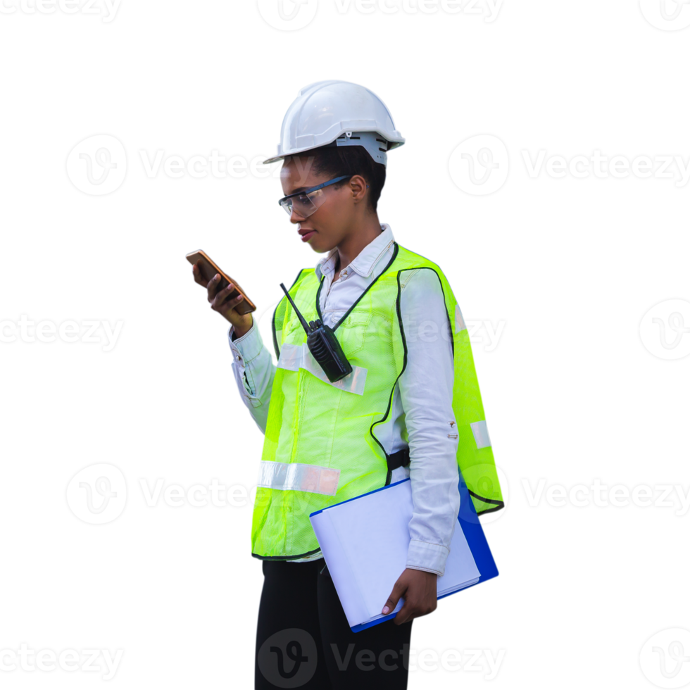 hembra ingeniero, mujer trabajador en difícil sombrero con teléfono inteligente png