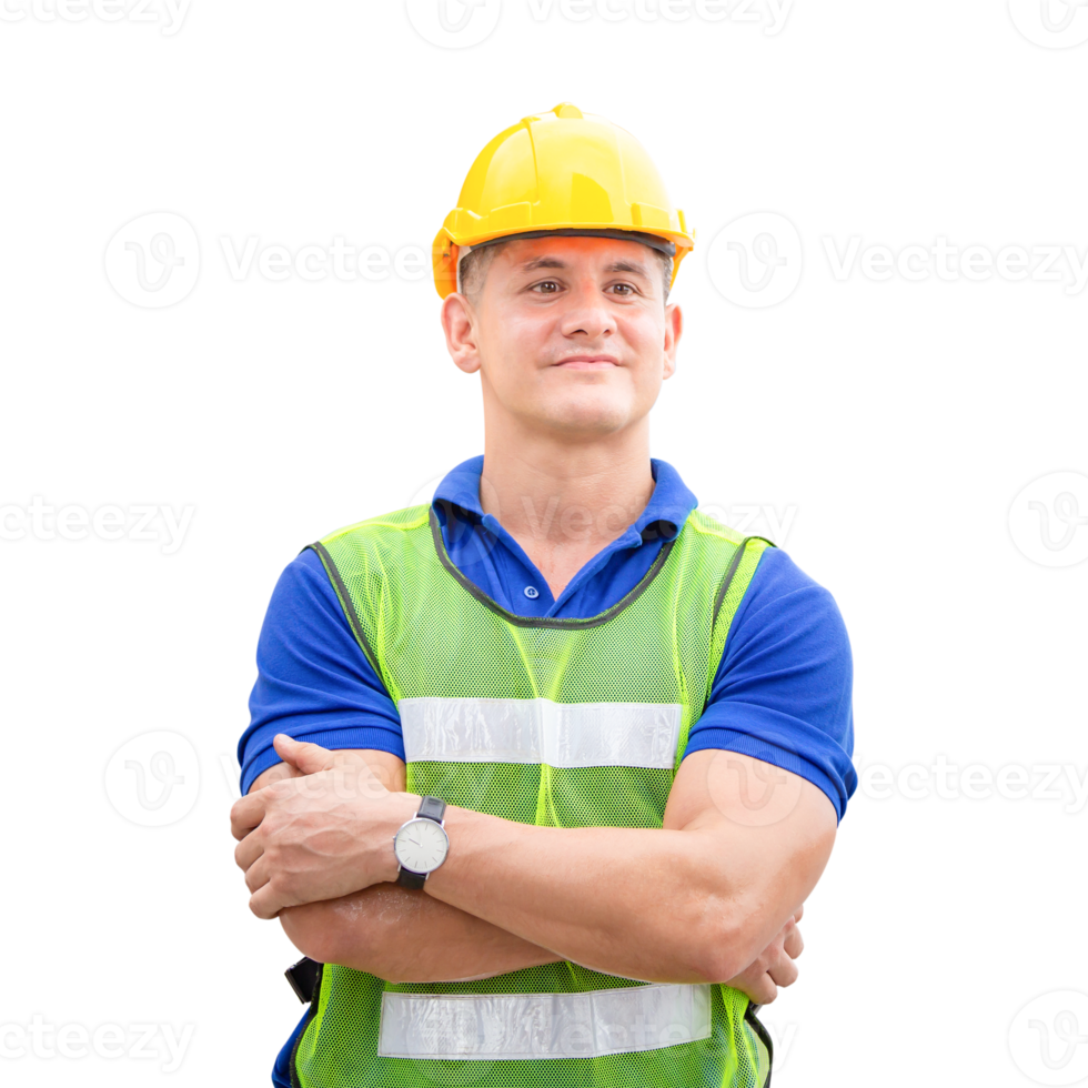 retrato do engenheiro homem dentro uma uniforme com braço cruzado, capataz trabalhador dentro capacete de segurança, trabalho e ocupação conceitos png
