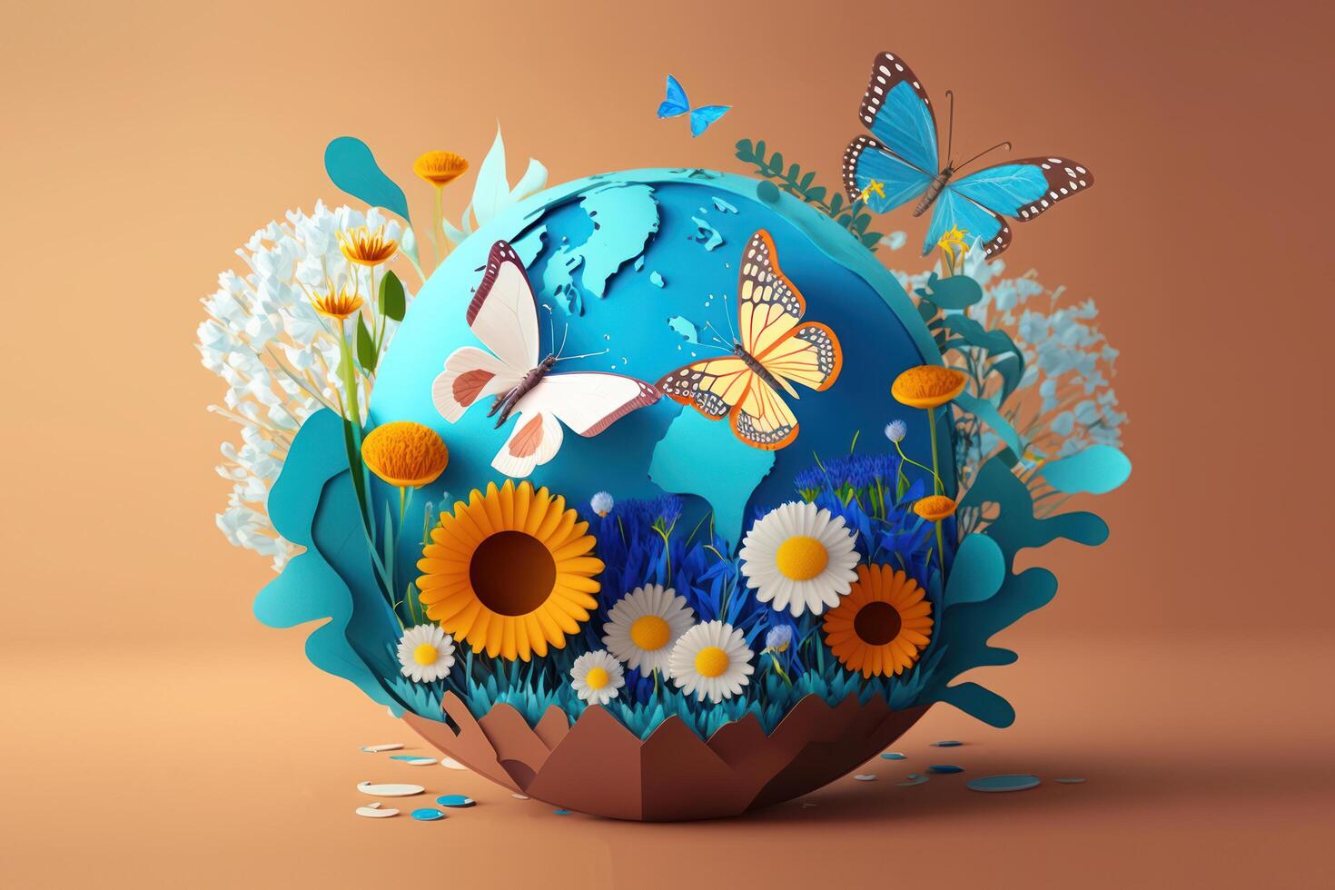 World environment day background with flower and butterfly, Earth day. photo