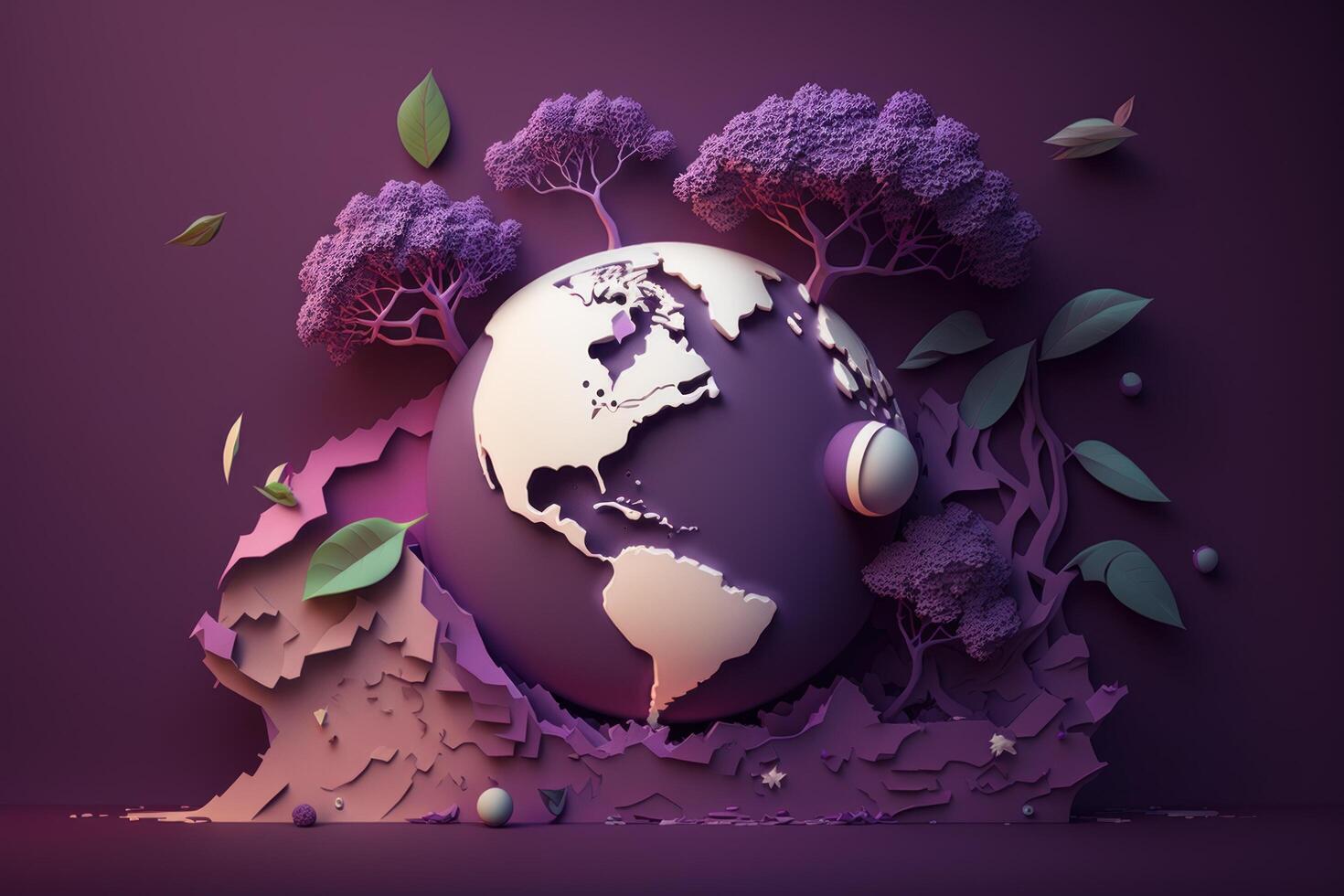 World environment day on purple background in paper cut style, Earth day. photo